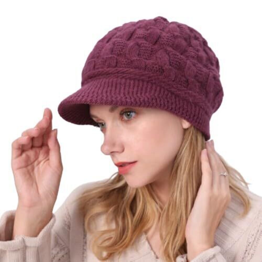 7430 Winter Knitted Hat, Soft Stretchy Lining Beanie with Visor Brim